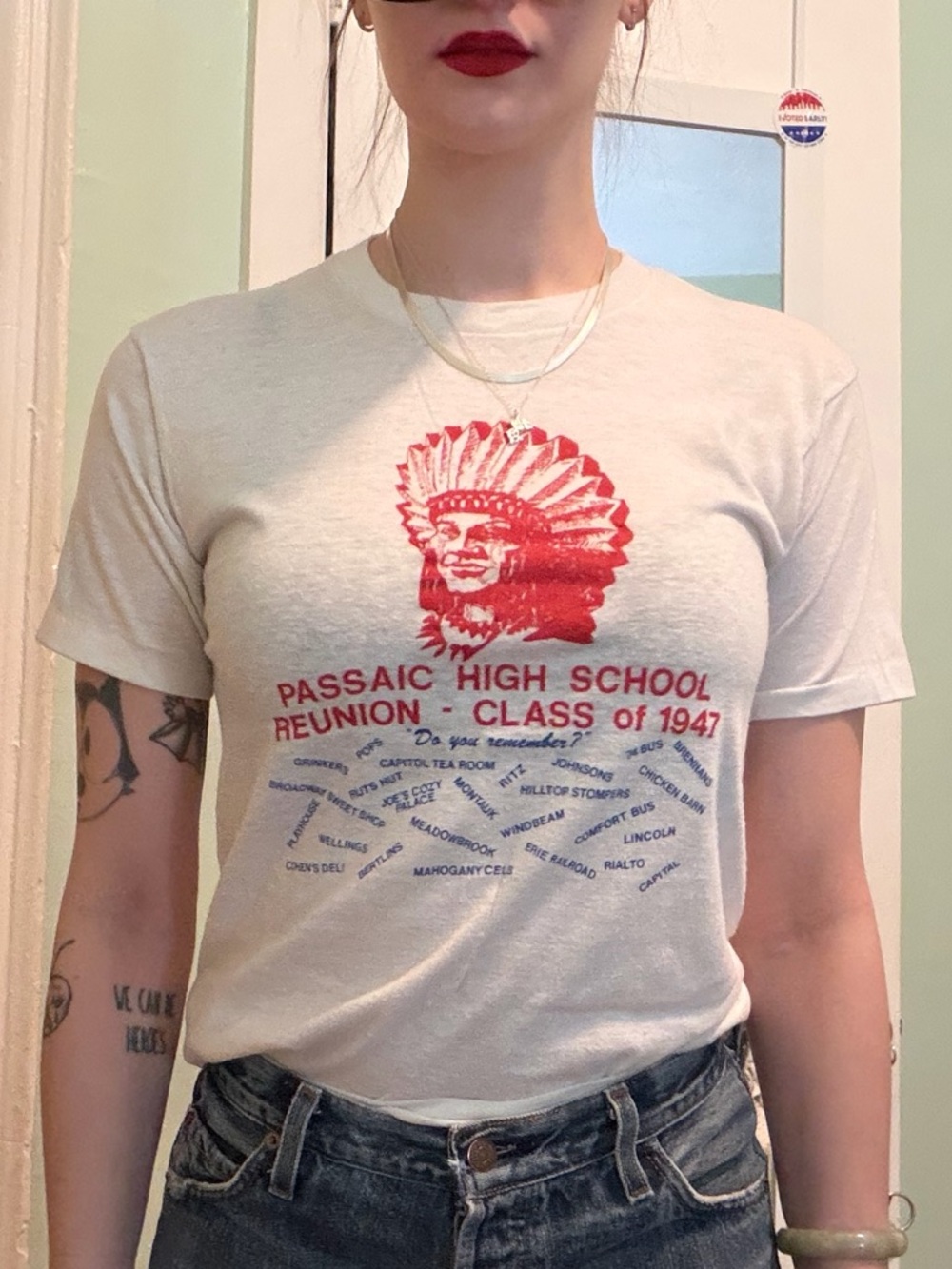 Vintage Graphic Reunion Tee - White with Red & Blue Print- single stitch